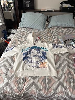 Lost Intricacy Men’s White Zip Up Graphic Hoodie Size XL